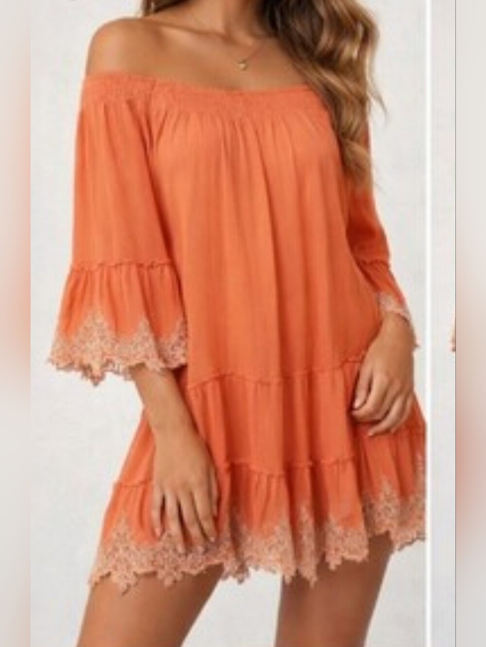 Z&L Europe Deja 100% Viscose Elegant Coral Off-Shoulder Embroidered Dress Large
